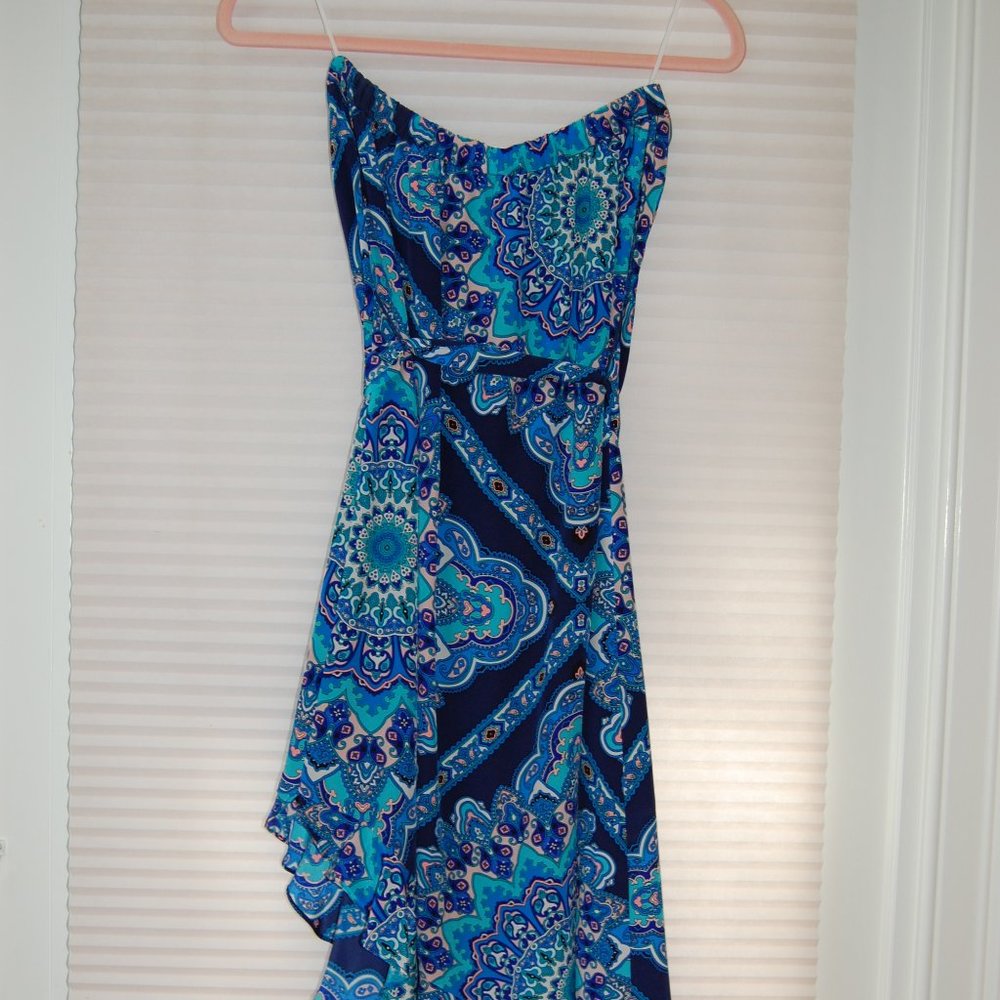 Alice and Trixie NY 100% silk  blue/pink asymmetrical paisley strapless XS